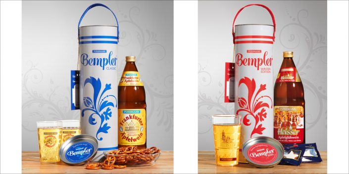 2 Produktfotos für Possmann Apfelwein. Bempler Classic und Bempler Winter Edition.