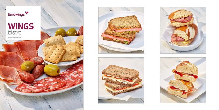 Foodfotos für Eurowings. 4 verschieden Sandwiches, angerichtet auf weißen Tellern in hellem Ambiente. Sowie ein spanische Tapas-Teller mit Chorizo, Schinken und Picos.