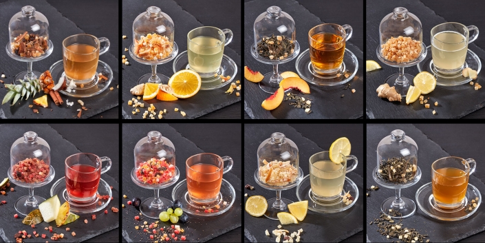 Verschiedene orientalische Teesorten auf Schieferplatte agerichtet