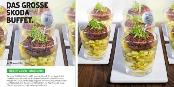 Anzeigen-Motiv für Skoda. Food-Aufnahme vonkartoffelsalat und einer kleinen Frikadelle in Gläschen auf weißem Teller stehend.