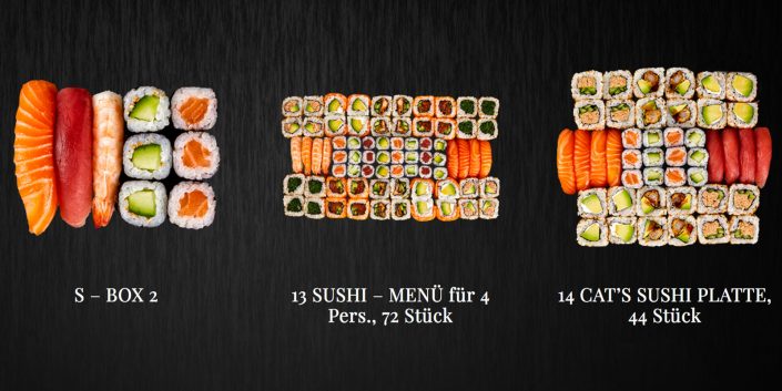 S-Box 2, Sushi-Menü für 4 Personen (72 Stück) und Sushi-Platte (44 Stück) auf Schieferplatte angerichtet