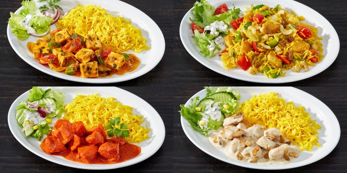 4 Produktfotos von Asiagerichten für die Speisekarte von Tando, Indian Fusion Restaurant